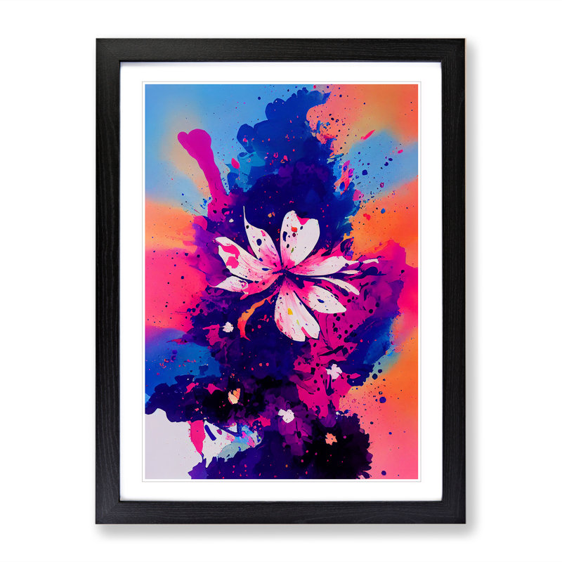 Paint Splattered Flower No.1 - Single Picture Frame Painting, Black , 64cm H x 46cm W x 2cm D