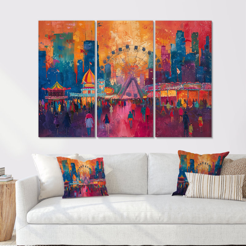 «Colorful Amusement Parks Carnival Colors» - ensemble d'art mural parcs d'attractions, Toile tendue