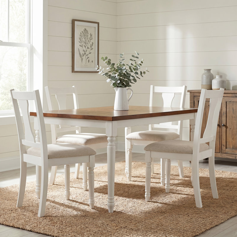Io 5 Piece Two Toned Wood and Upholstered Dining Set, Brown/Vanilla White