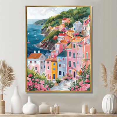 Rose, vert, charmant, Italie, bord de mer, village I - décoration murale Italie