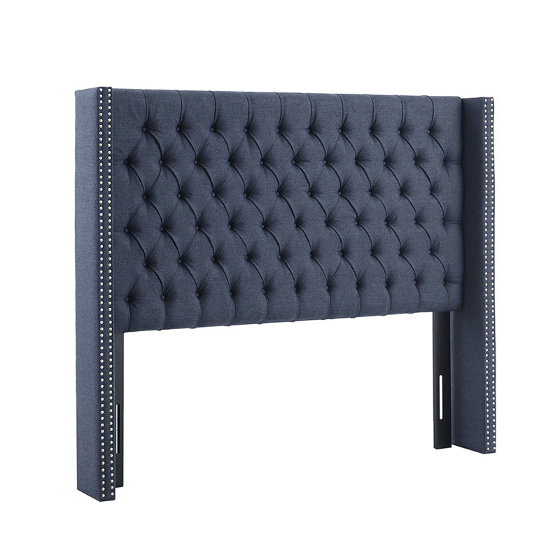 Queen Size Upholstered Headboard With Transitional Button Tufting, Double Nailhead Trim, Navy, Adjustable Black Metal Legs, Wood Frame For Queen, Decor, Navy , Tool Included