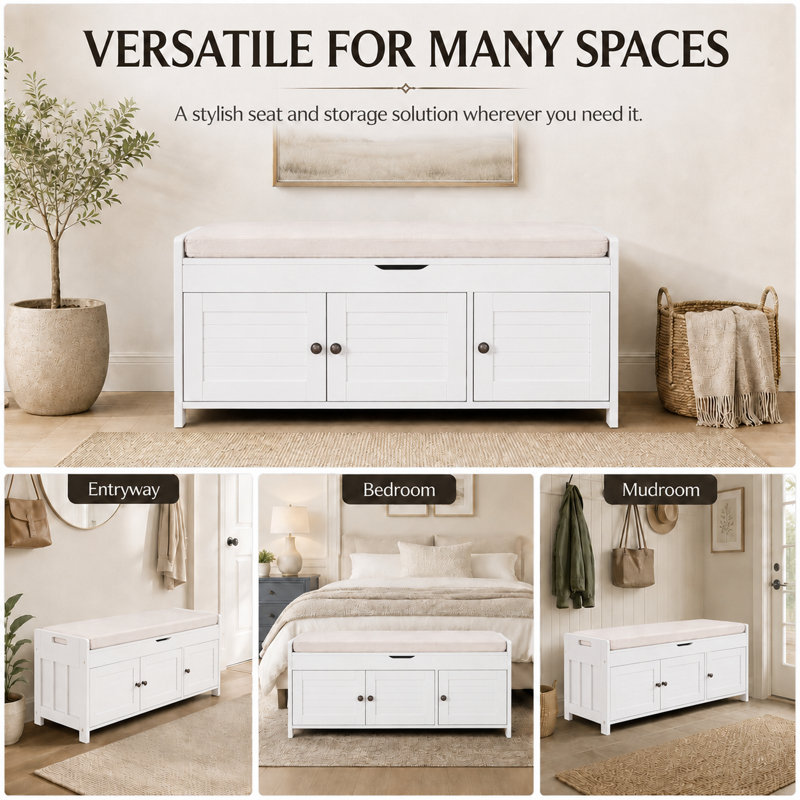 Linen Blend Upholstered Storage Bench, White