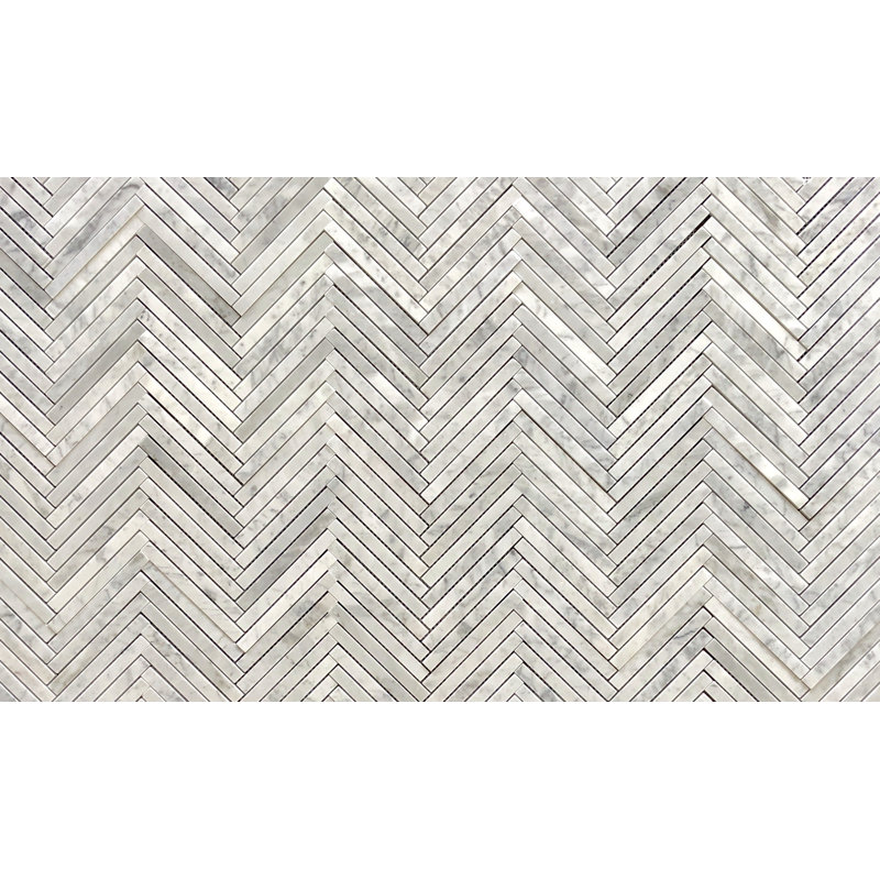 Bianco Carrara 7.5 in. x 18.5 in. Herringbone Marble Tile