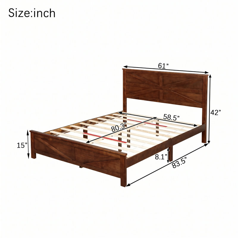 Tête de lit et pied de lit en bois de pin avec cadre de lit renforcé TimberVault, Queen, Noyer