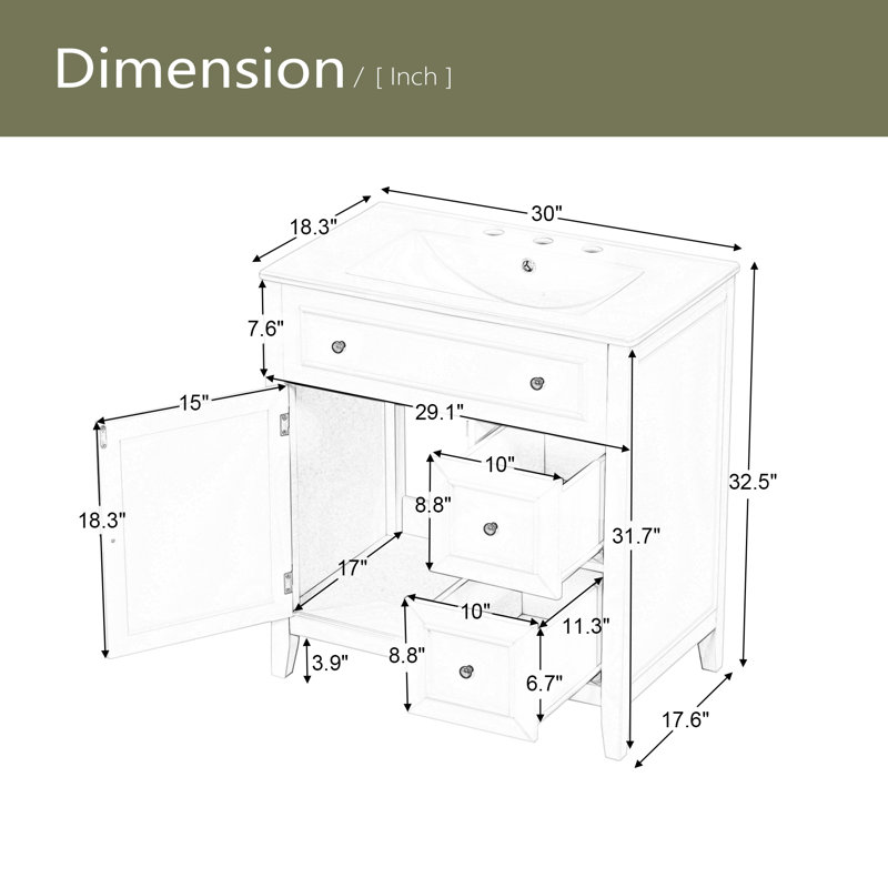 Meuble-lavabo 30 po avec comptoir, meuble-lavabo avec porte et deux tiroirs, structure en bois massif, Vert