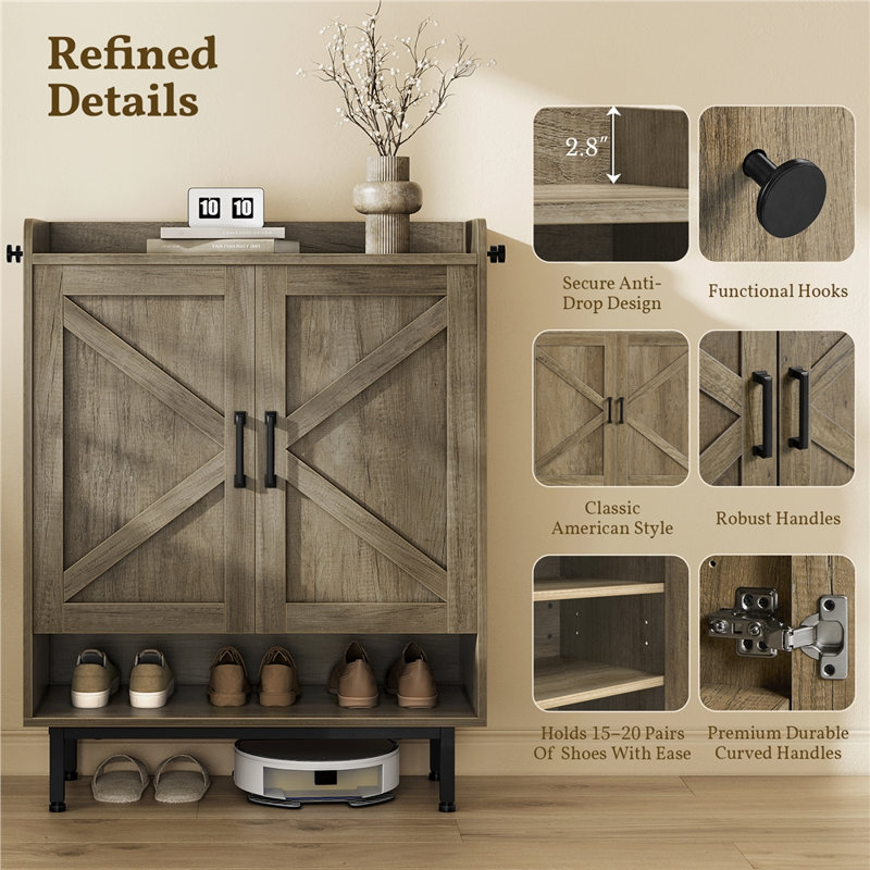 5-Tier Shoe Cabinet with Barn-Inspired Doors, Gray