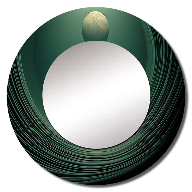 Emerald Enceladus Outer Space I - Miroir de notre système solaire, miroir mural rond bleu, impression sur métal