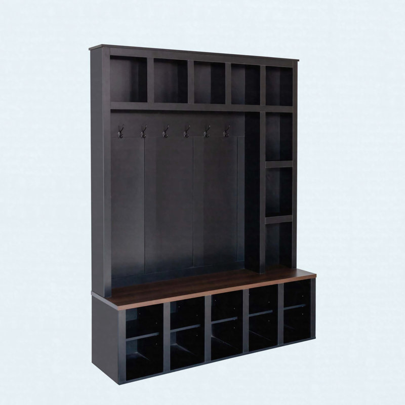 Farmhouse Hall Tree with Storage Bench, Adjustable Shelves & 6 Hooks, Black, Black/Dark Walnut