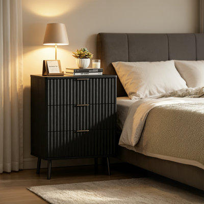 Modern Fluted 3-Drawer Nightstand – Curved Tambour Design Bedside Table with Storage, MDF Wood End Table
