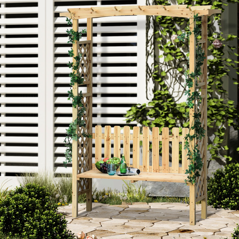 Banc d'extérieur en bois avec treillis arqué - Cultivez la gloire du matin et embellissez votre jardin