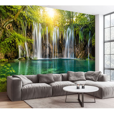 Papier peint adhésif autocollant, forêt, chute d'eau, soleil, transparent, turquoise, piscine, papier contact amovible, décoration murale pour salon, chambre à coucher H 100 po x l 144 po