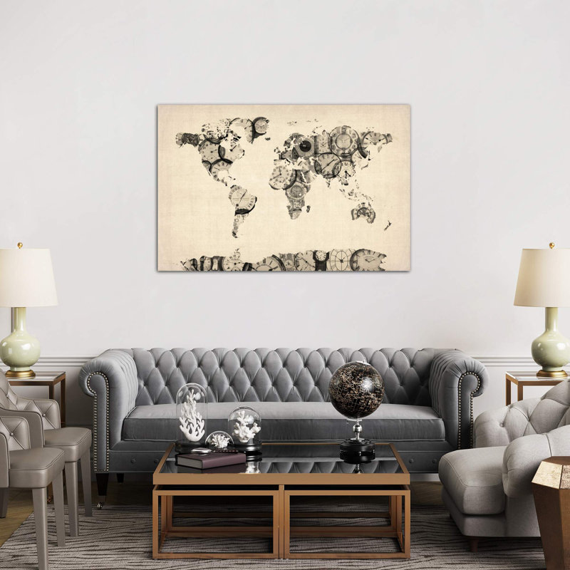 Map Of The World Map From Old Clocks by Michael Tompsett - Wrapped Canvas Print, 66.04 cm H x 45.72 cm W x 1.91 cm D