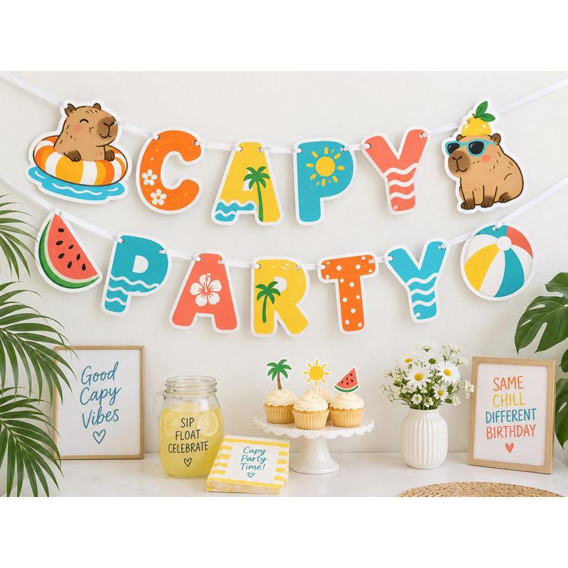 Capybara Pool Party Birthday Banner, Sunny Swim Ring Watermelon Cardstock Garland