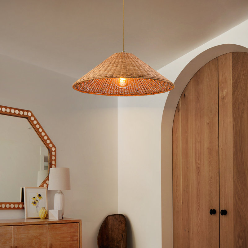 Luminaire suspendu surdimensionné en rotin 1 lumière Aalayah, Brun, Doré, H 9,06 po x l 23,62 po x P 23,62 po