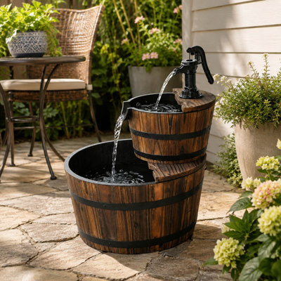 23'' Rustic Barrel Garden Fountain, 2-Tier Waterfall Design