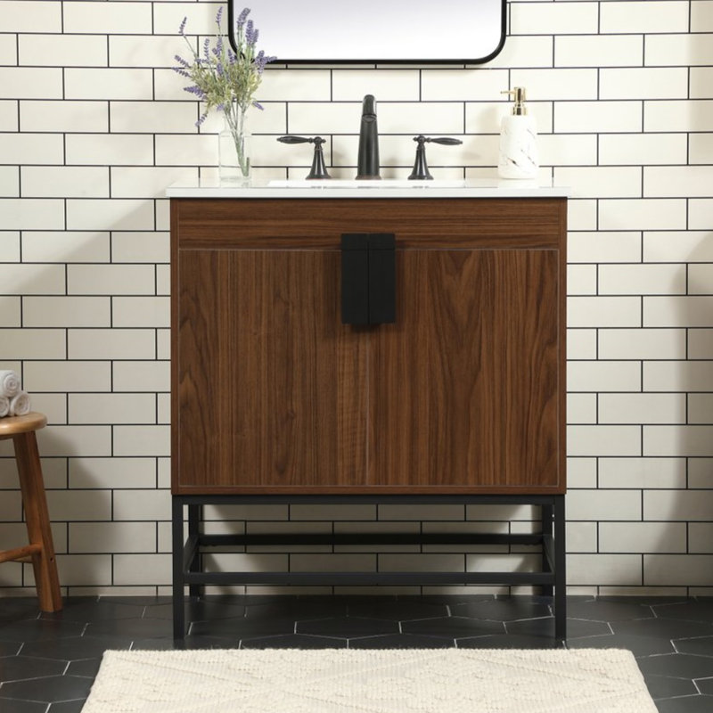 Corley 30'' Single Bathroom Vanity with Engineered Marble Top, Walnut