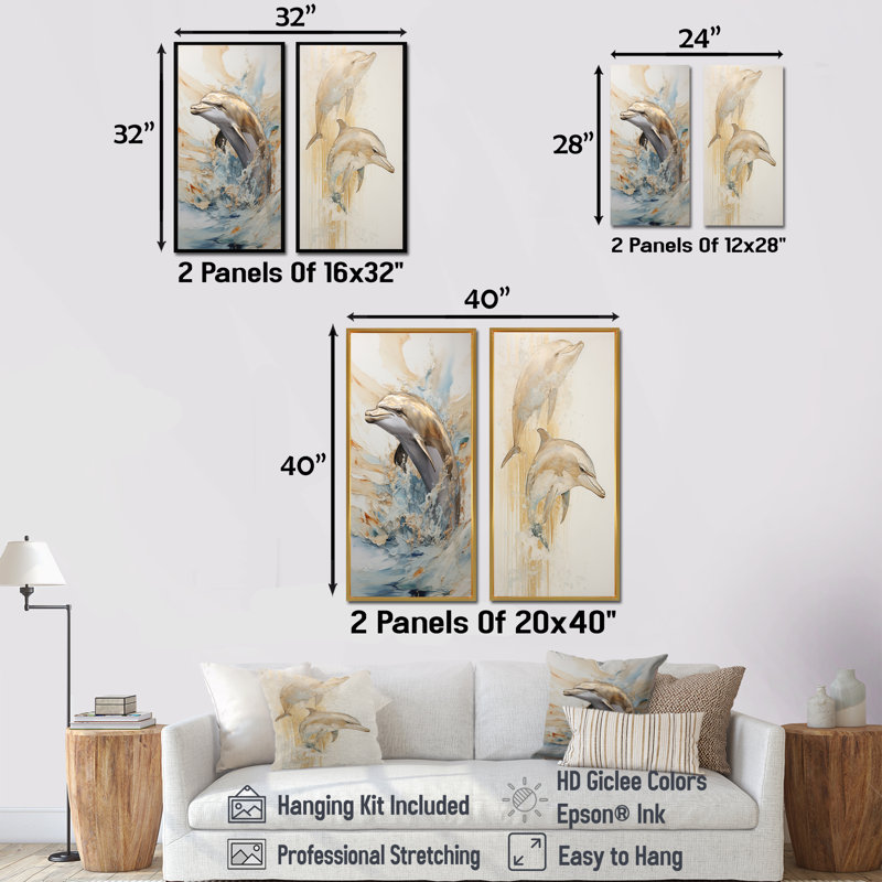 Ensemble de 2 décorations murales en forme de dauphin beige et doré, H 32 po x l 33 po, Toile tendue