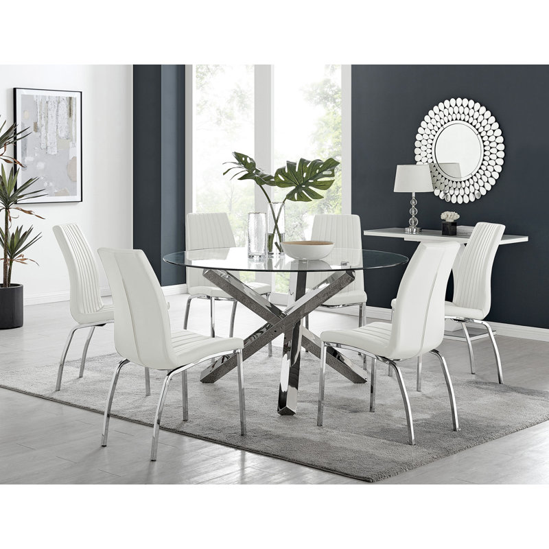 Vogo Modern Design Chrome and Glass Dining Table Set with 6 Soft Touch Faux Leather Dining Chairs, White/Silver