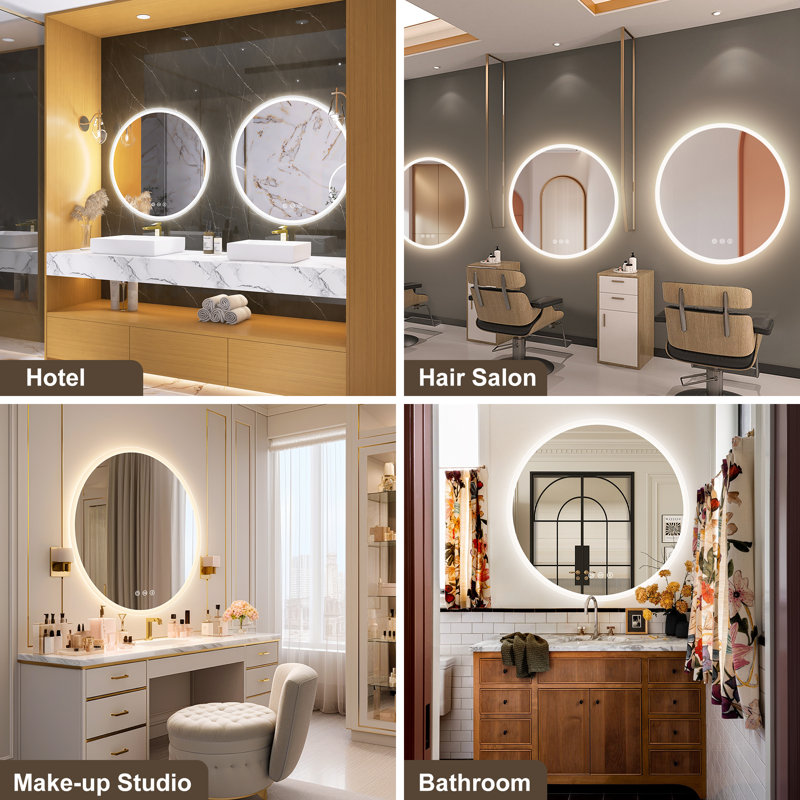 Miroir de salle de bain rond à DEL avec désembuage, Bluetooth et lumières à intensité variable, 24 po x 24 po