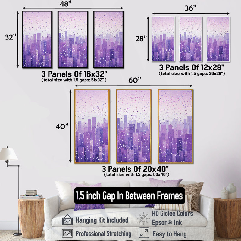 Lilas superposés gratte-ciel urbain horizon I - ensemble de décorations murales gratte-ciel, Cadre flottant noir