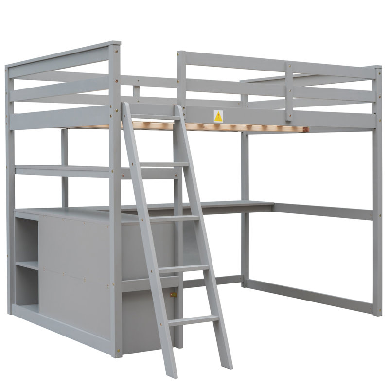 Lit mezzanine avec bureau et tablettes, Gris, Lit double