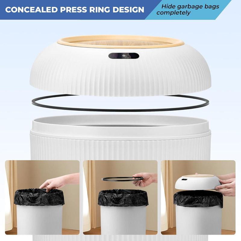 White Plastic Touchless Sensor Wastebasket with Wooden Legs