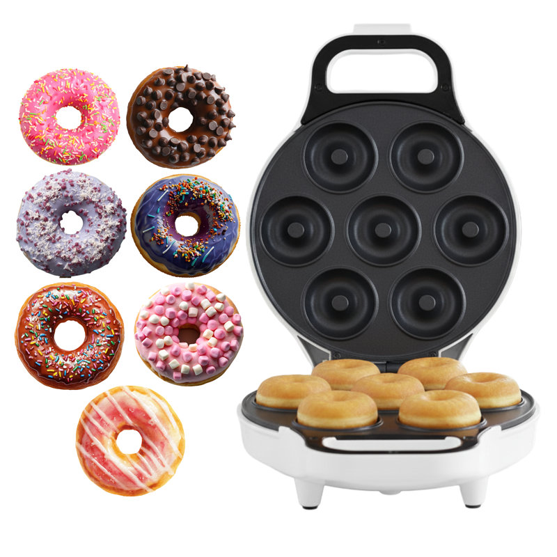 Mini Donut Maker, Durable, Nonstick Easy to Use Mini Baking Machine - Cooks 7 Mini Doughnuts at a Time - Glazed, Frosted with Sprinkles, Nuts, or Vegan Donuts, & More (White)