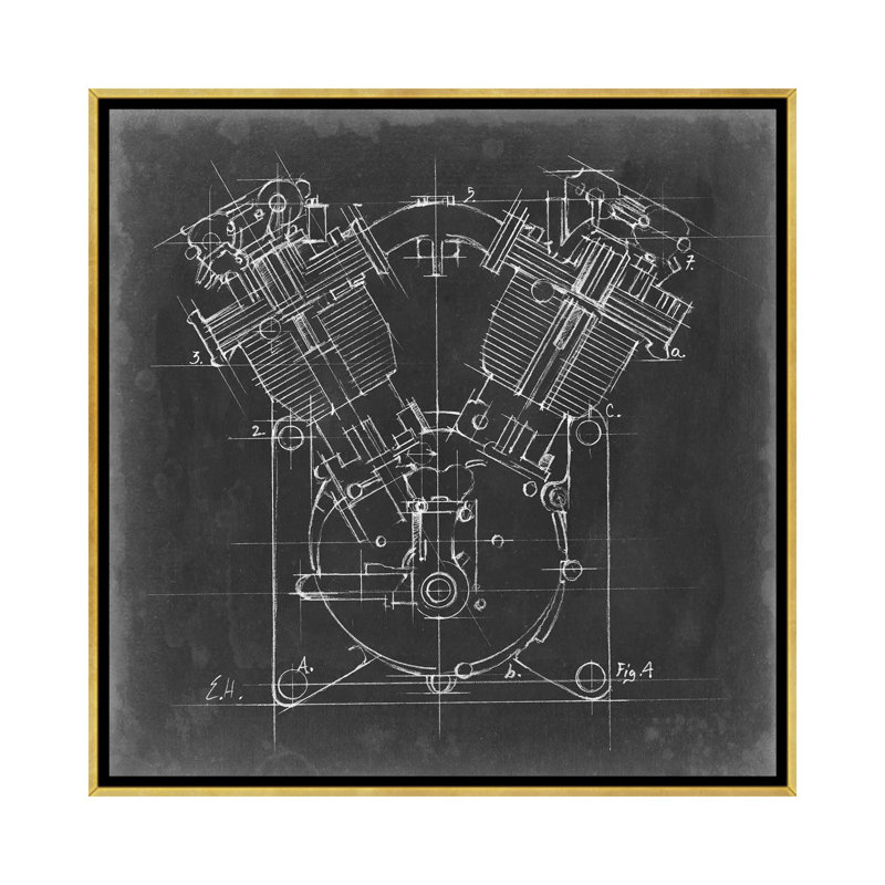« Motorcycle Engine Blueprint II » par Ethan Harper, reproduction d’art, H 37 po x l 37 po x P 1,5 po, Toile encadrée d'or