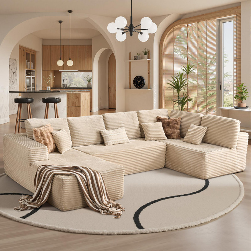 Cloudelle 3-Piece L-Shaped Plush Corduroy Sectional Sofa – No Assembly Required, Beige Corduroy
