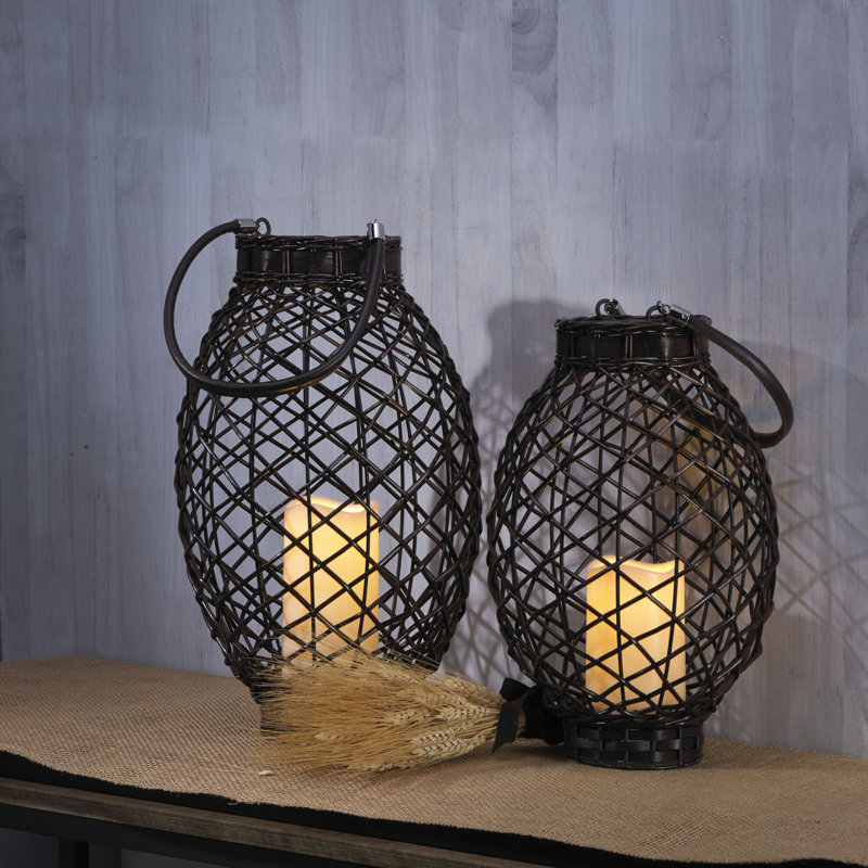 Elements 2 Piece Rattan Tabletop Lantern Set with Candle Included