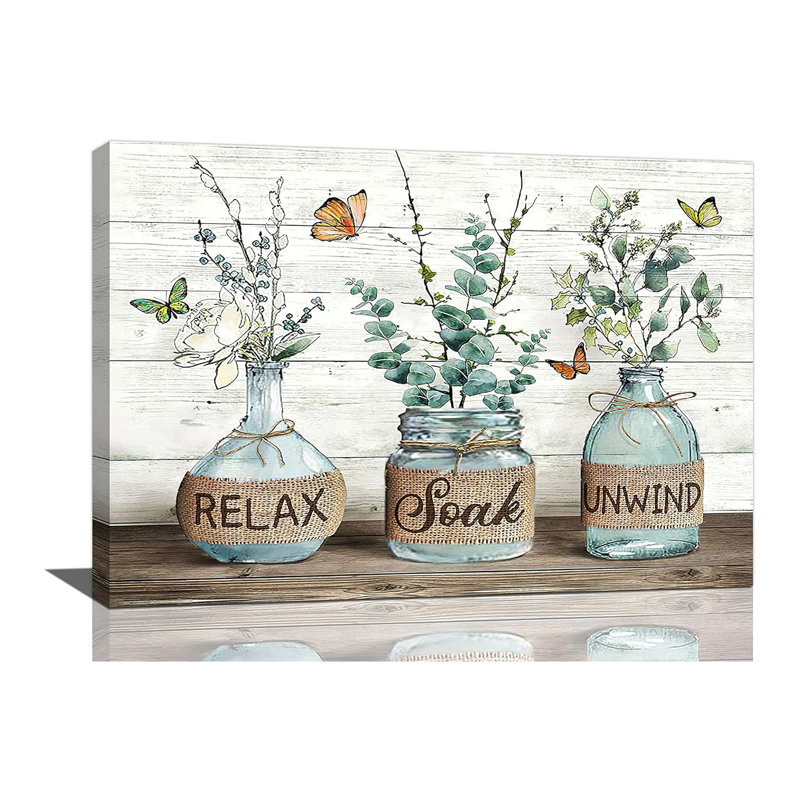 Farmhouse Bathroom Decor Wall Art Rustic Eucalyptus Pictures Canvas Prints Country Relax Soak Unwind Bathroom Sign Green Botanical Butterfly Artwork Modern Home Decor Ready To Hang 16"X24"