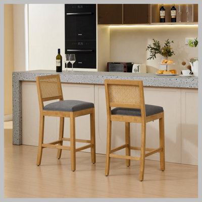Full Solid Wood Rattan-Back Bar Stool, Matte Linen Cushion with High-Resilience Foam & S-Springs, Ideal for Rustic/Natural Style Kitchen Island, Low Bar in Dining Room & Café,Set of 2,Grey