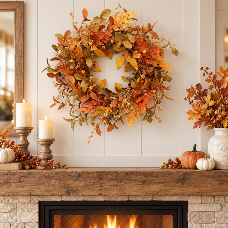 Artificial Fall Wreath with Pumpkin Berries and Oak Leaves for Front Door
