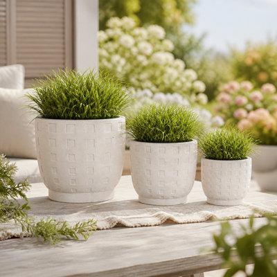 Pots de fleurs en terre cuite à motif vichy pour la maison ou la terrasse - Jardinières rustiques d'intérieur et d'extérieur pour la décoration du salon - Lot de 3, 25 cm, 18 cm, 15 cm