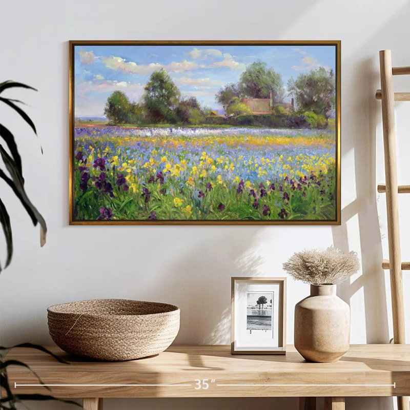 Ferme et champ d'iris, 25 po x 17 po, Cadre flottant doré