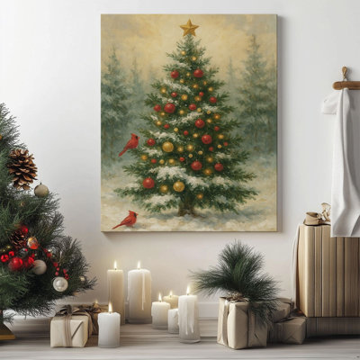 "P&L Art Christmas Tree with Cardinals", reproduction d'art sur toile encadrée