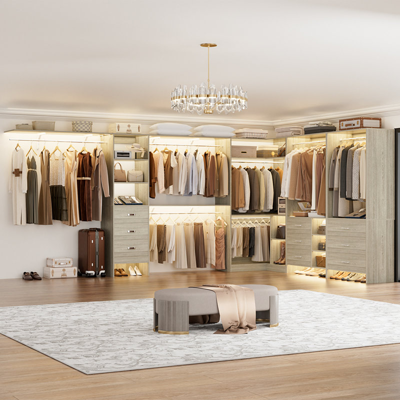 127.5” x 86.8” Closet System with Wooden Drawes(Adjustable Width), White Oak