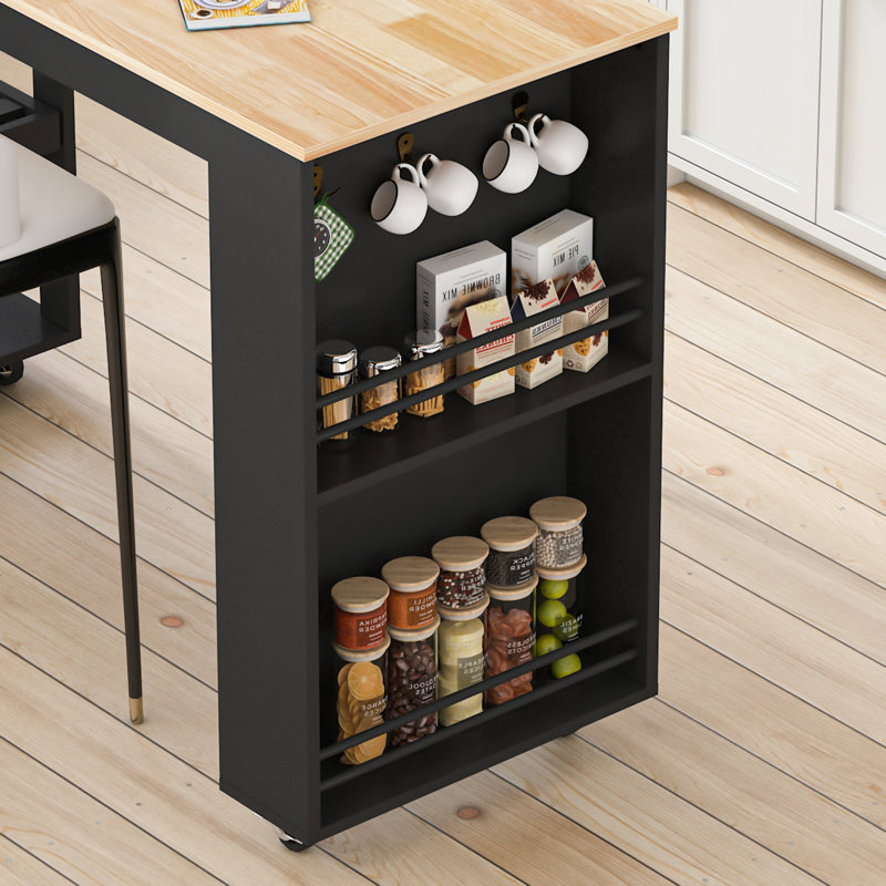 Îlot de cuisine 81,5 po avec table de salle à manger extensible pour 4 à 6 personnes, îlot de cuisine avec rangement 2 tiroirs, 2 tablettes latérales ouvertes, table bicolore avec rangement double
