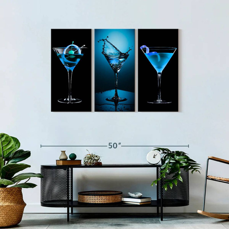 Ensemble de 3 boissons bleues sur toile, H 28 po x l 45 po x P 1,25 po