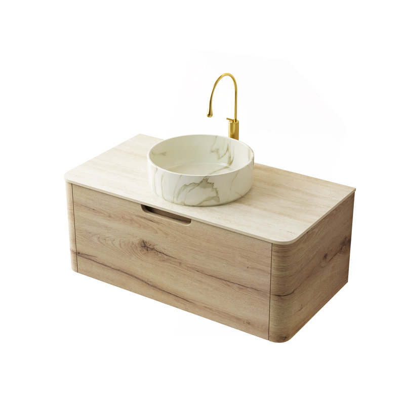 Meuble-lavabo de 36 po avec lavabo, armoire de rangement flottante en contreplaqué avec tiroir, lavabo en céramique à motif de pierre et plateau en pierre frittée à motif de travertin, pré-assemblé, couleur grain de bois de chêne blanc