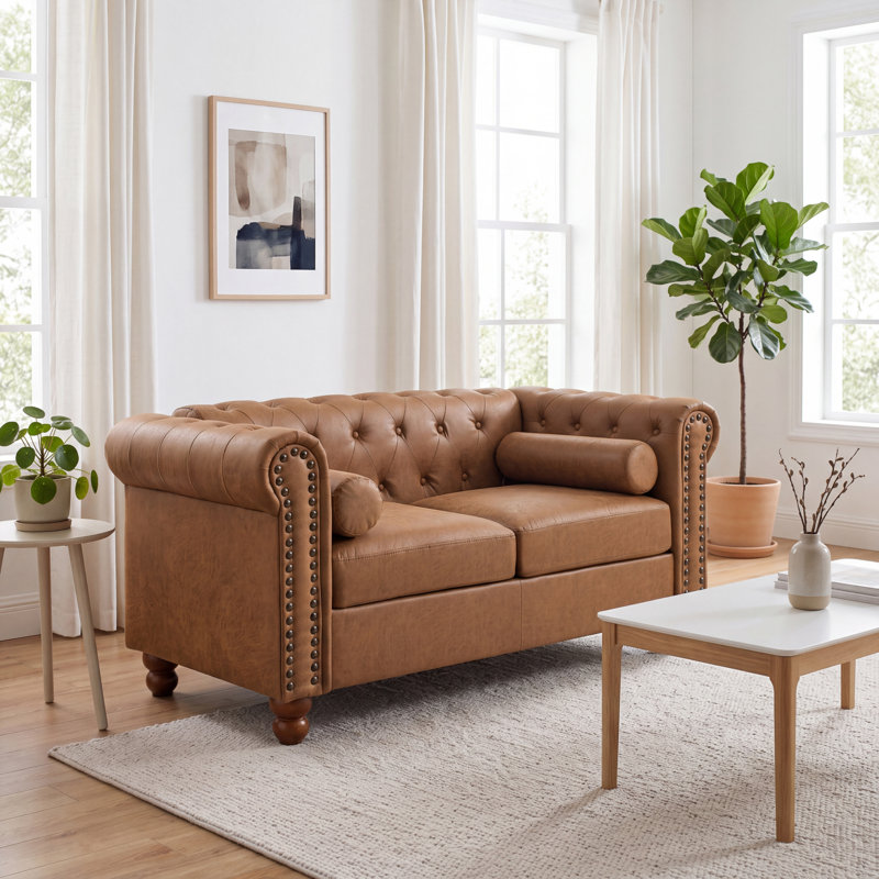 Causeuse en similicuir avec tête de clou 57,5 po Jhosep, Brown, 30" H x 58" W x 28" D