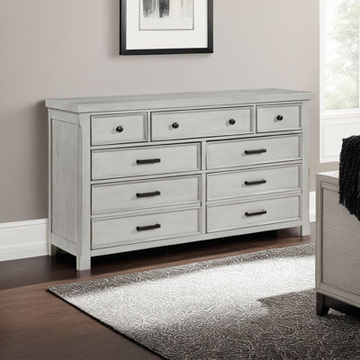 Brok 67 Inch Dresser, 7 Drawers, Light Gray Acacia, Black Bar Handles