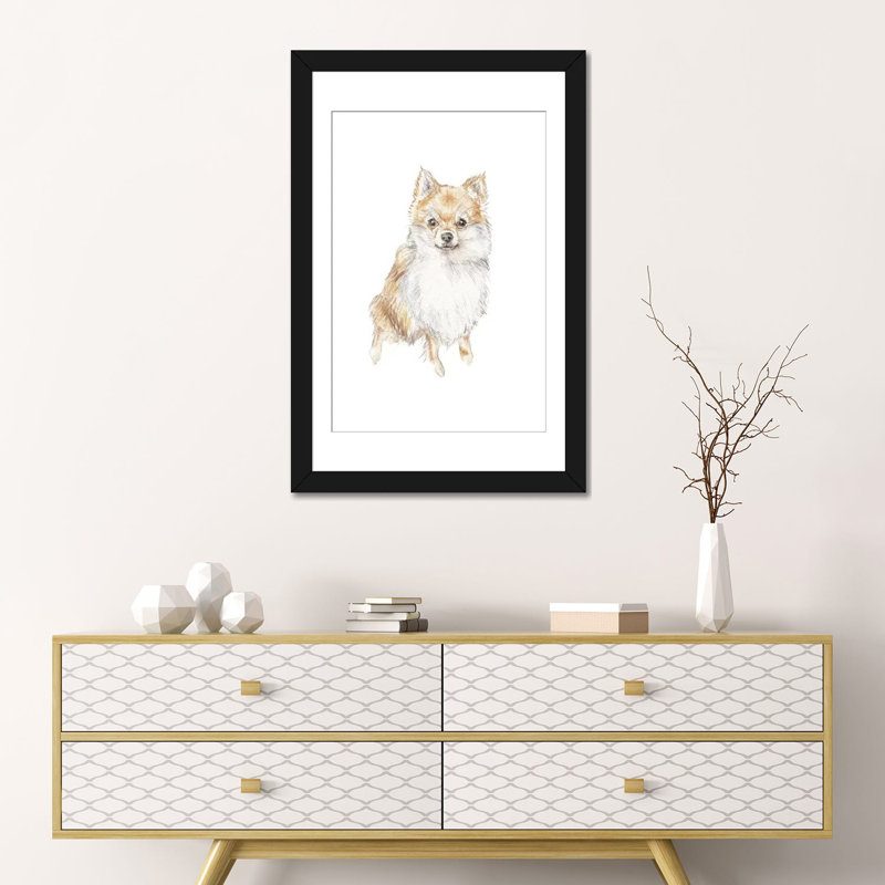 «Pomeranian», reproduction sur toile, H 32 po x l 24 po x P 1 po, Papier d'art encadré noir, Blanc