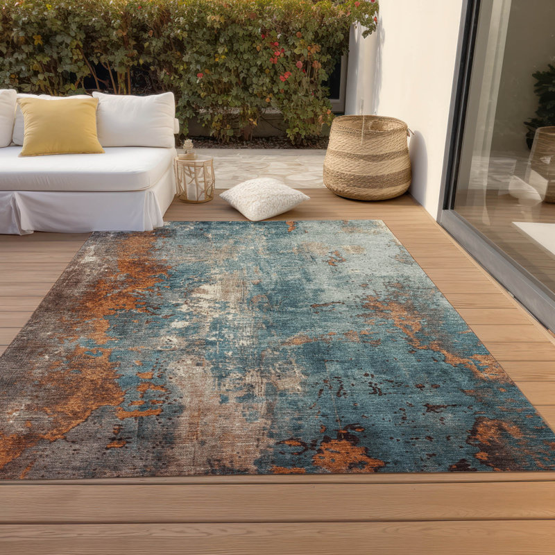 Tapis bleu sarcelle lavable à la machine intérieur / extérieur Xhevrie, Rectangle 10 pi x 14 pi