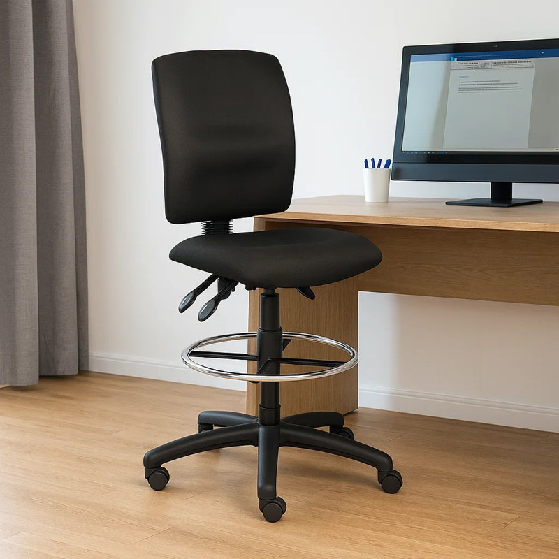 Tabouret de dessinateur Jea, verrou d'inclinaison du siège, repose-pieds chromé, crêpe noire