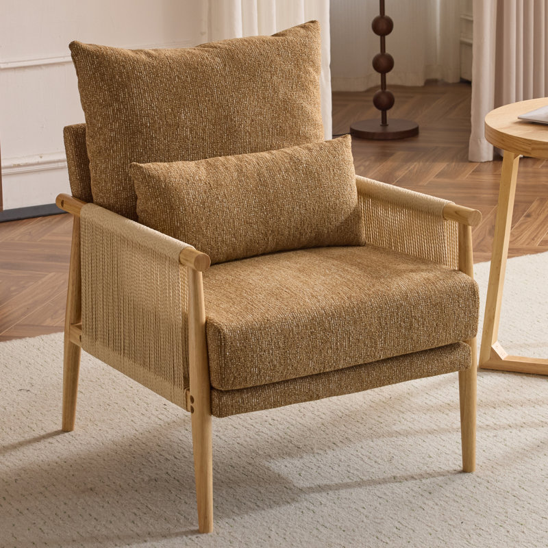 Masson Chenille Accent Chair Armchair With Pillow, Yellow Chenille