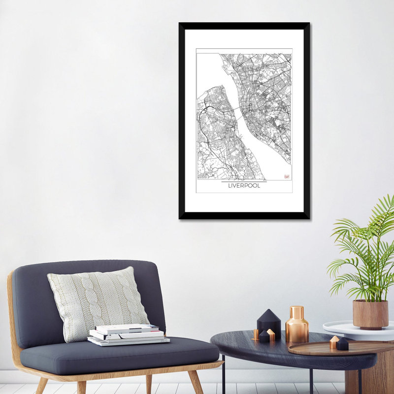 « liverpool minimal urban blueprint map », impression sur toile, H 24 po x l 16 po x P 1 po, Papier avec cadre noir, Blanc