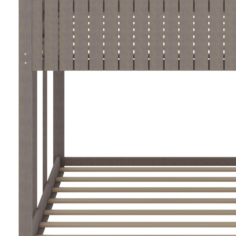 Wood Bunk Bed With Roof, Window, Guardrail, Antique Gray