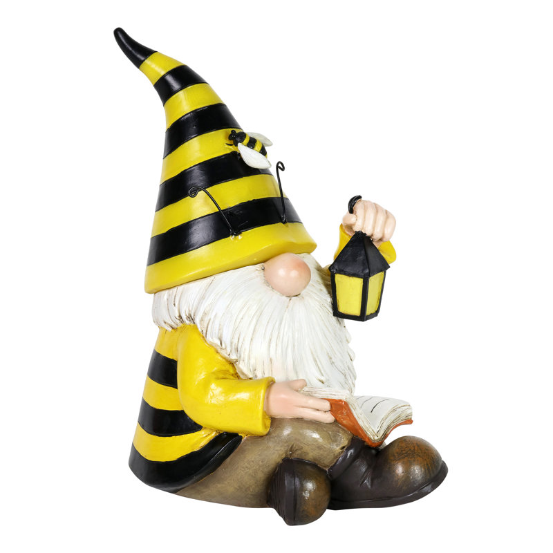 Hand Painted Solar Beekeeper Garden Gnome with Lantern and Book