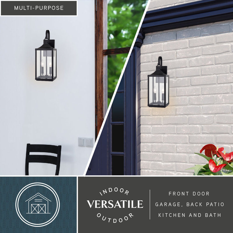 Applique murale d'extérieur texturée noire à 2 lumières H 19,5 po Mack, fabriquée en métal durable, avec abat-jour en verre transparent, compatible avec les DEL, à utiliser pour la porte d'entrée de patio ou de garage